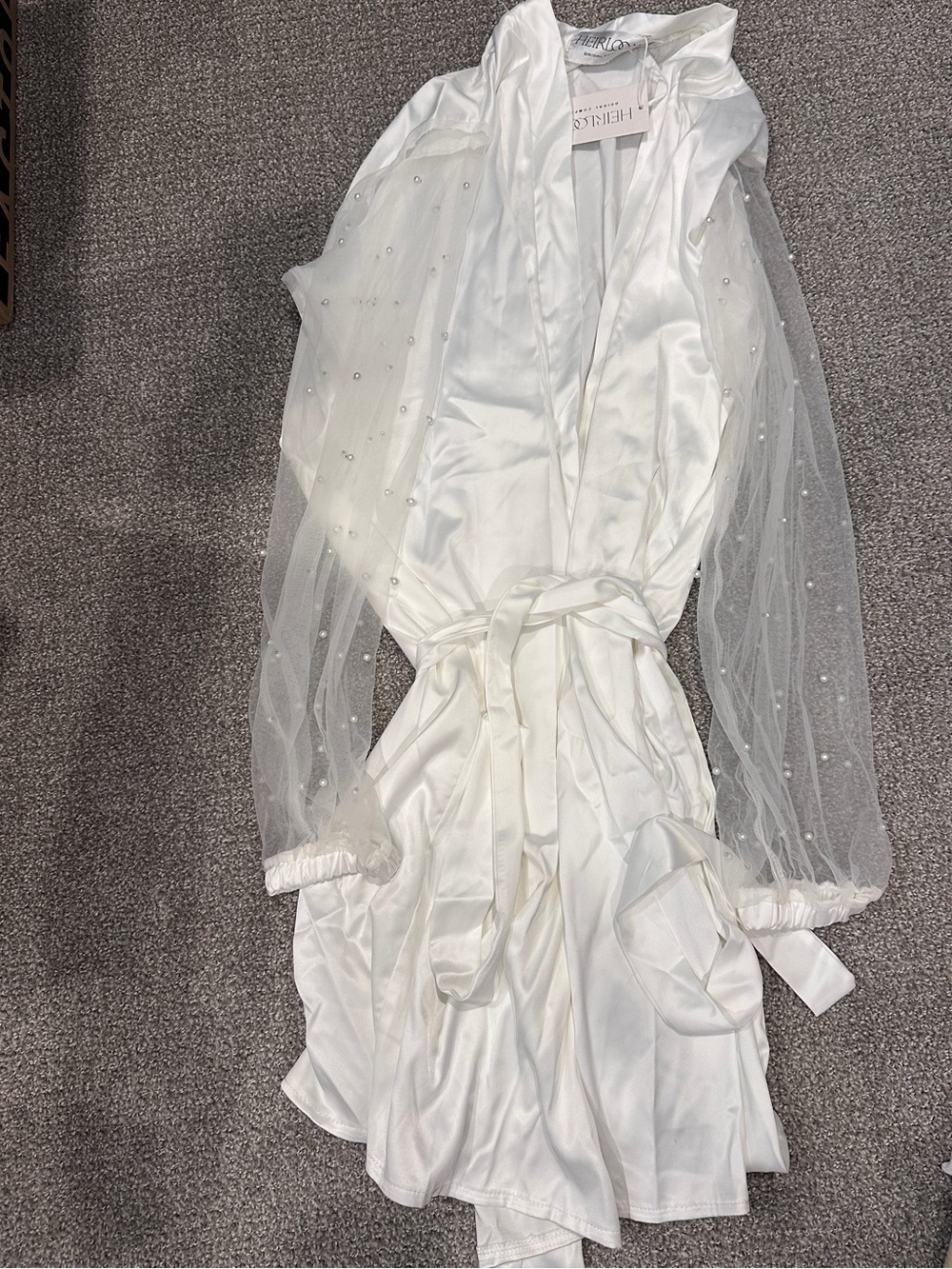 Sheer-Sleeve Satin Robe with Pearl Embellishment - White